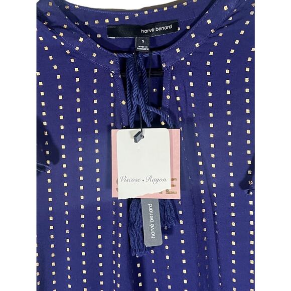 Harve Benard Ruffle Sleeves Sleeveless Blue & Gold Polka Dot Blouse / Size Small - Picture 3 of 6